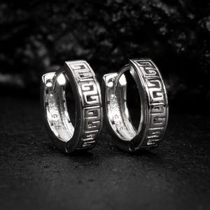 Small Greek Mens Solid White Gold Plated Sterling Silver Huggie Hoop Earrings